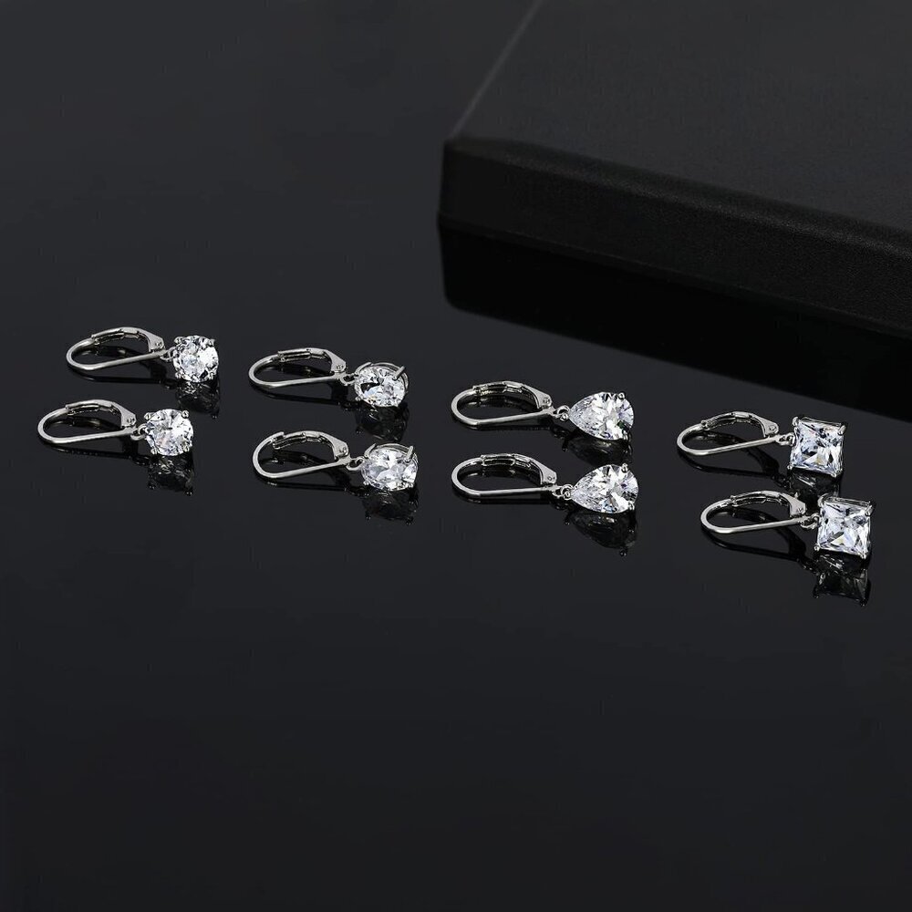 18K White Gold Plated Dangle Earrings Cubic Zirconia Drop Sets for Women - Picture 5 of 7
